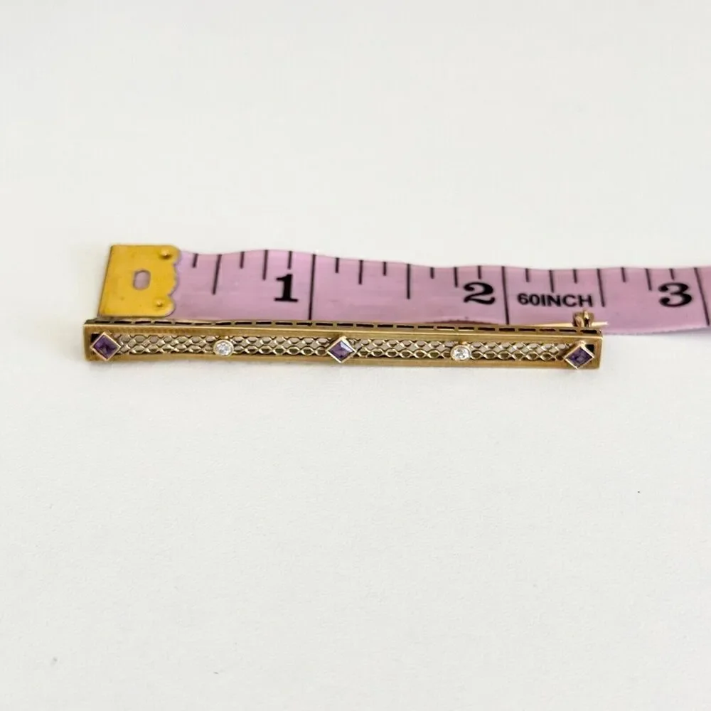 Antique 14K Solid Yellow Gold Intricate Detail Amethyst & Diamond Bar Brooch Pin